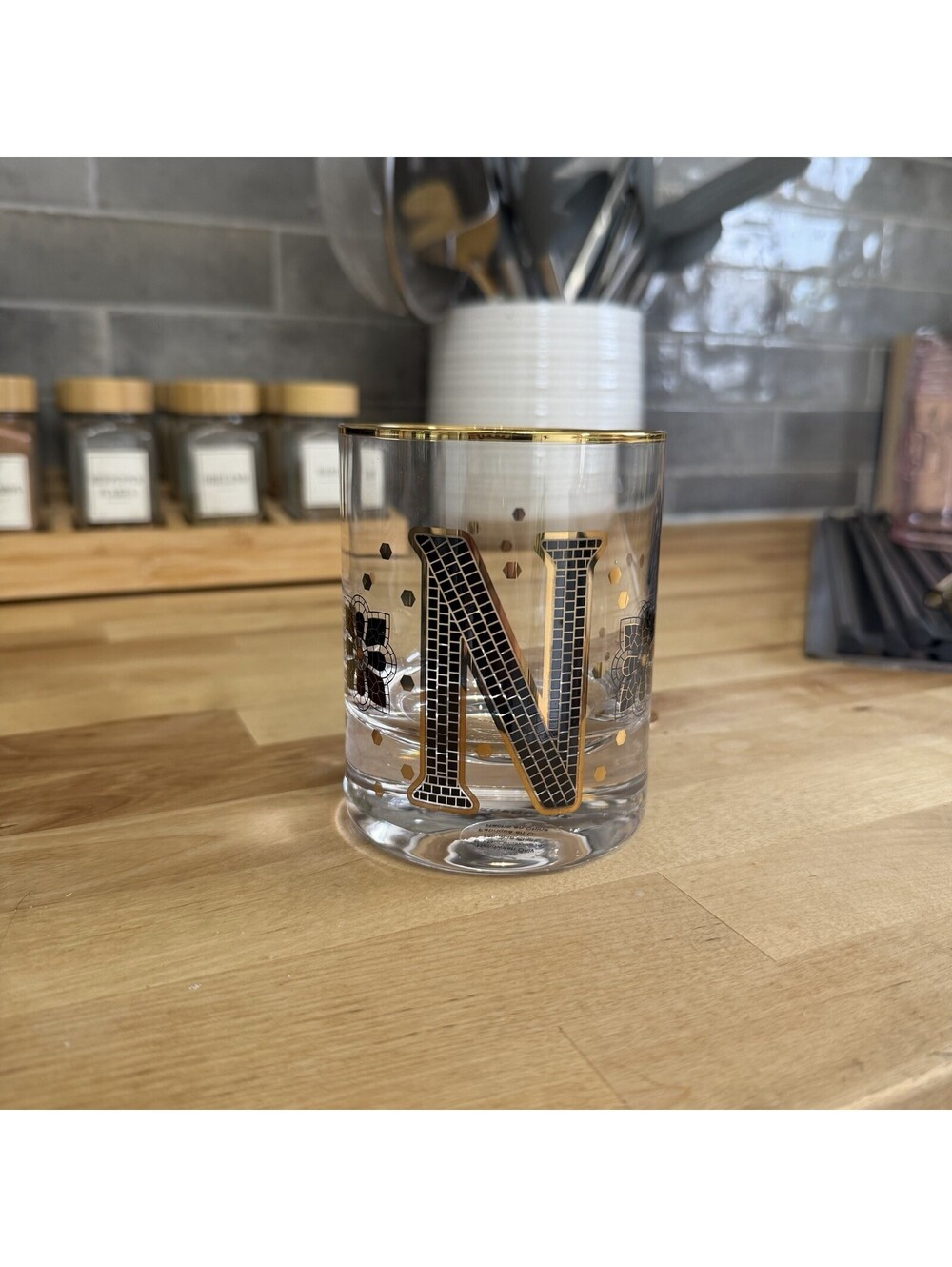 Anthropologie Bistro Tile Monogram Glass Tumbler Gold Rim Initial “N”Old Fashion